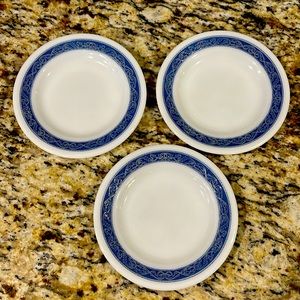 Set of Vintage Pyrex Tableware Bread & Butter Plates- White Scrolls on Blue Band